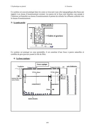 L’hydraulique au pluriel

A .Gouzrou

Ce système est souvent pratiqué dans les zones se trouvant à une côte topographique plus basse par
rapport à un réseau d’assainissement existant. Les parois de la fosse sont étanches, une pompe à
l’intérieur est branchée au réseau d’assainissement et permet de refouler les effluents collectés vers
le réseau d’assainissement.
3) Le puits perdu :

Ce système est pratiqué en zone perméable, il est constitué d’une fosse à parois naturelles et
comblée de gros graviers jouant le rôle de filtre.
4) La fosse septique :

499

 
