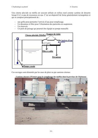 L’hydraulique au pluriel

A .Gouzrou

Une citerne pluviale ou métfia est souvent utilisée en milieu rural comme système de desserte
lorsqu’il n’y a pas de ressources en eau. C’est un dispositif de forme généralement rectangulaire et
qui se compose principalement de :
-

une grille pour permettre l’arrivée d’eau pour remplissage.
Un décanteur et filtre pour l’élimination des particules en suspension.
Un réservoir.
Un puits de puisage qui pourrait être équipé en pompe manuelle.

Ces ouvrages sont alimentés par les eaux de pluie ou par camions citernes.
Camions citernes (3Tonnes) pour le remplissage des métfias dans la province de Chichaoua

531

 