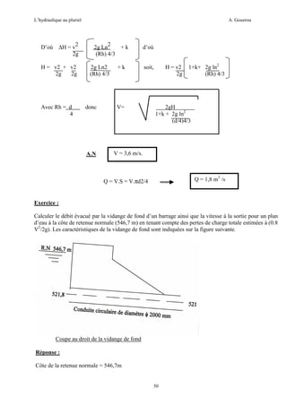 L’hydraulique au pluriel

D’où

2
∆H = v
2g

H = v2 + v2
2g
2g

Avec Rh = d
4

A. Gouzrou

2
2g Ln
+k
(Rh) 4/3
2g Ln2
(Rh) 4/3

donc

A.N

+k

d’où

soit,

V=

H = v2
2g

1+k+ 2g ln2
(Rh) 4/3

2gH
1+k + 2g ln2
(d/4)4/3

V = 3,6 m/s.

Q = 1,8 m3 /s

Q = V.S = V.πd2/4

Exercice :
Calculer le débit évacué par la vidange de fond d’un barrage ainsi que la vitesse à la sortie pour un plan
d’eau à la côte de retenue normale (546,7 m) en tenant compte des pertes de charge totale estimées à (0.8
V2/2g). Les caractéristiques de la vidange de fond sont indiquées sur la figure suivante.

Coupe au droit de la vidange de fond
Réponse :
Côte de la retenue normale = 546,7m

50

 