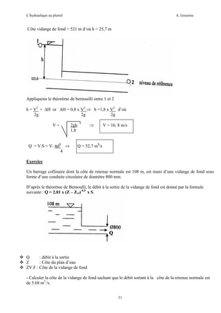 L’hydraulique au pluriel

A. Gouzrou

Côte vidange de fond = 521 m d’où h = 25,7 m

Appliquons le théorème de bernouilli entre 1 et 2
h = V2 + ∆H or ∆H = 0,8 x V2 ⇒ h =1,8 x V2 d’où
2g
2g
2g
V=

Q = V.S = V. πd2 ⇒
4

⇒

2gh
1,8

V = 16, 8 m/s

Q = 52,7 m3/s

Exercice
Un barrage collinaire dont la côte de retenue normale est 108 m, est muni d’une vidange de fond sous
forme d’une conduite circulaire de diamètre 800 mm.
D’après le théorème de Bernoulli, le débit à la sortie de la vidange de fond est donné par la formule
suivante : Q = 2.01 x (Z – Zvf) 0,5 x S.

Q
: débit à la sortie
Z
: Côte du plan d’eau
ZV.F : Côte de la vidange de fond
- Calculer la côte de la vidange de fond sachant que le débit sortant à la côte de la retenue normale est
de 5.68 m3 /s.
51

 