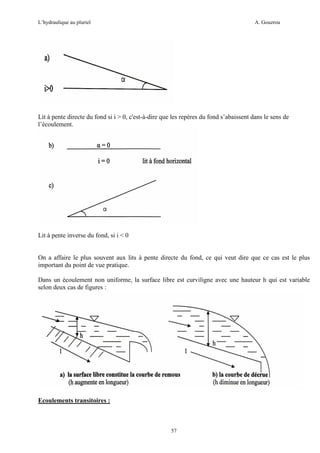L’hydraulique au pluriel

A. Gouzrou

Lit à pente directe du fond si i > 0, c'est-à-dire que les repères du fond s’abaissent dans le sens de
l’écoulement.

Lit à pente inverse du fond, si i < 0

On a affaire le plus souvent aux lits à pente directe du fond, ce qui veut dire que ce cas est le plus
important du point de vue pratique.
Dans un écoulement non uniforme, la surface libre est curviligne avec une hauteur h qui est variable
selon deux cas de figures :

Ecoulements transitoires :

57

 