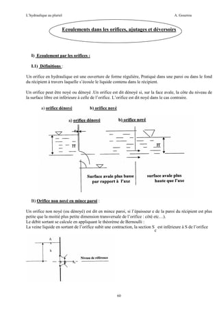 L’hydraulique au pluriel

A. Gouzrou

Ecoulements dans les orifices, ajutages et déversoirs

I) Ecoulement par les orifices :
I.1) Définitions :
Un orifice en hydraulique est une ouverture de forme régulière, Pratiqué dans une paroi ou dans le fond
du récipient à travers laquelle s’écoule le liquide contenu dans le récipient.
Un orifice peut être noyé ou dénoyé .Un orifice est dit dénoyé si, sur la face avale, la côte du niveau de
la surface libre est inférieure à celle de l’orifice. L’orifice est dit noyé dans le cas contraire.
a) orifice dénoyé

b) orifice noyé

B) Orifice non noyé en mince paroi :
Un orifice non noyé (ou dénoyé) est dit en mince paroi, si l’épaisseur e de la paroi du récipient est plus
petite que la moitié plus petite dimension transversale de l’orifice : côté etc…).
Le débit sortant se calcule en appliquant le théorème de Bernoulli :
La veine liquide en sortant de l’orifice subit une contraction, la section S est inférieure à S de l’orifice
c

60

 
