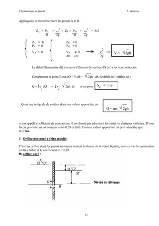 L’hydraulique au pluriel

A. Gouzrou

Appliquons le théorème entre les points A et B.
ZA + PA
ϖ

+

2
VA

= ZB + PB
2g
ϖ

+

ZA = h
PA = 0

+ ∆H

2g

ZB = 0
PB = 0

VA = 0

2
VB

VB
≠ 0
∆H ≅ 0

2
V = h d’où
V=
2g

√2gh

Le débit élémentaire dQ à travers l’élément de surface dS de la section contractée
Comprenant le point B est dQ = V.dS =
Q = ∫ s dQ
c

= ∫s

c

√ 2gh. ds

√ 2gh

si on pose

.dS, le débit de l’orifice est :

Sc = m.S

Q est une intégrale de surface dont une valeur approchée est

Q = ms

√ 2gh

m est appelé coefficient de contraction, il est donné par plusieurs formules et plusieurs tableaux. D’une
façon générale, m est compris entre 0,59 et 0,63. Comme valeur approchée on peut admettre que :
m = 0,6.
C- Orifice non noyé a veine moulée :
C’est un orifice dont les parois intérieurs suivent la forme de la veine liquide, dans ce cas la contraction
est très faible et le coefficient m = 0,98.
D) orifice noyé :

61

 