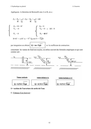 L’hydraulique au pluriel

A. Gouzrou

Appliquons le théorème de Bernouilli enre A et B, on a :

ZA + PA + VA2 = ZB + PB + VB2 + ∆H
ϖ 2g
ϖ
2g
ZA = H + H’
VA ∼ 0

ZB = 0
VB = 0

PA ∼ 0

PB = ϖ H’

; ∆H ∼ 0

H+H’ = ω H’/ ω + V2 /2g soit V = √2gH

par integration on obtient

Q = ms √2gh

; m le coefficient de contraction .

concernant les vannes de fond non noyées, on utilise souvent des formules empiriques et qui sont
comme suit :

Q = 0,70 S √2gh

Q = 0,74 S √2gh

Q = 0,74 S √2gh

S = section de l’ouverture de sortie de l’eau
E -Vidange d’un réservoir :

62

 