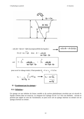 L’hydraulique au pluriel

A. Gouzrou

-s(h) dh = dt (Q-Qs)

- s(h) dh + Qst dt = Qdt (incompressibilité du liquide )
Or ,Q = ms √ 2gh

donc dt = - s(h) dh
ms √2gh – Qs

z2
soit

T = ∫z1

z1
- s(h) dh
=
ms √2gh – Qs

∫z2

s(h) dh
ms √2gh –Qs

pour avoir la vidange totale, il faut prendre Q = 0 et z = 0 .d’ou
s
2
z1
Tv =

s
ms √2g

∫

h–1/2 dh

TV = 2S √z1

0
ms√2g
√

II /- Ecoulement par les ajutages :
II.1) Définition :
Un ajutage est une tubulure de forme variable et de section généralement circulaire par où sécoule le
liquide contenu dans un reservoir .La longueur de l’ajutage est de 3 à 5 fois son diamètre . suivant sa
position par rappot au sens de l’écoulement, on peut avoir soit un ajutage interieur ou entrant soit un
ajutage exterieur ou sortant .

63

 