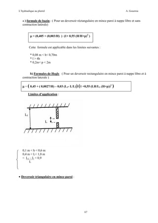 L’hydraulique au pluriel

A. Gouzrou

a ) formule de bazin : ( Pour un deversoir réctangulaire en mince paroi à nappe libre et sans
contraction latérale)
µ = (0,405 + (0,003/H) ) (1+ 0,55 (H/H+p)2 )

Cette formule est applicable dans les limites suivantes :
* 0,08 m < h< 0,70m
* l > 4h
* 0,2m< p < 2m

b) Formules de Hegly ( Pour un deversoir rectangulaire en mince paroi à nappe libre et à
contraction latcrale )
µ = ( 0,45 + ( 0,0027/H) – 0,03 (L1- L/L)) (1 +0,55 (LH/L1 (H+p))2 )
Limites d’application :

0,1 m < h < 0,6 m
0,4 m < L< 1,8 m
< L1 – L < 0,9
L

• Deversoir triangulaire en mince paroi :

67

 