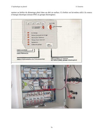 L’hydraulique au pluriel

A. Gouzrou

moteur au boîtier de démarrage placé dans un abri en surface. Ce boîtier est lui-même relié à la source
d’énergie électrique (réseau ONE ou groupe électrogène).

76

 