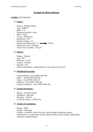 L’hydraulique au pluriel

A. Gouzrou

Exemple de fiche technique
Localité : Sidi Zemmouri
1) Pompe :
-

Marque : Pedrollo (Italie)
Type : 4SR8/23
Débit : 2 l/s
Puissance absorbée : 4 Kw
HMT : 120 m
Vitesse : 2900 tr/min
Rendement : 65%
Nombre d’étages : 23
Diamètre de refoulement : 2’’
Clapet anti-retour : incorporé
Teneur maxi en sables : 150 g/m3

63mm

2) Moteur :
-

Marque : Pedrollo
Type : IP5
Puissance : 5,5 CV
Tension : 3X380V
Intensité : 10 A
Câble d’alimentation : submersible avec une section de 3x4 mm2

3) Métallurgie du groupe
-

Corps de pompe : Acier INOX AISI 304
Roues : Acier INOX AISI 304
Arbres : Acier INOX AISI 431
Diffuseur : Acier INOX AISI 304
Crépine d’aspiration : Acier INOX AISI 304

4) Groupe électrogène :
-

Marque : VM SUN (Italie)
Alternateur : Meccalte
Puissance : 16 KVA
Vitesse de rotation : 1500 tr/min

5) Armoire de commande :
-

Marque : ABB
Origine : Allemagne
Contenu : contacteur, relais de niveau, relais de phase, disjoncteur moteur,
commutateur, 3 voyants (eau, marche, défaut), fusibles, presse étoupe, ampèremètre,
voltmètre, compteur horaire.

91

 