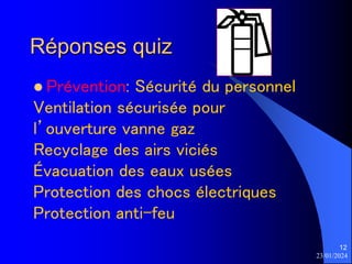 23/01/2024
12
Réponses quiz
 Prévention: Sécurité du personnel
Ventilation sécurisée pour
l’ouverture vanne gaz
Recyclage des airs viciés
Évacuation des eaux usées
Protection des chocs électriques
Protection anti-feu
 
