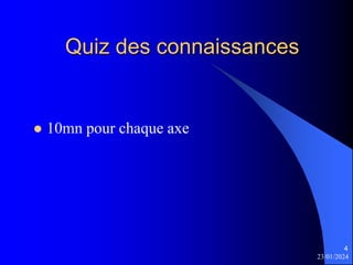 23/01/2024
4
Quiz des connaissances
 10mn pour chaque axe
 