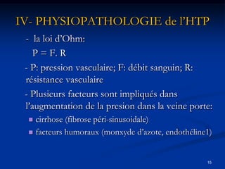 IV- PHYSIOPATHOLOGIE de l’HTP
 - la loi d’Ohm:
    P = F. R
 - P: pression vasculaire; F: débit sanguin; R:
 résistance vasculaire
 - Plusieurs facteurs sont impliqués dans
 l’augmentation de la presion dans la veine porte:
  cirrhose (fibrose péri-sinusoidale)
  facteurs humoraux (monxyde d’azote, endothéline1)



                                                  15
 