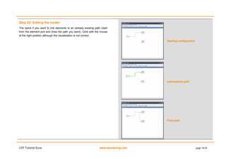LHY Tutorial Xcos www.openeering.com page 14/19
Step 22: Editing the model
The same if you want to link elements to an already existing path (start
from the element port and draw the path you want). Click with the mouse
at the right position although the visualization is not correct.
Starting configuration
Intermediate path
Final path
 