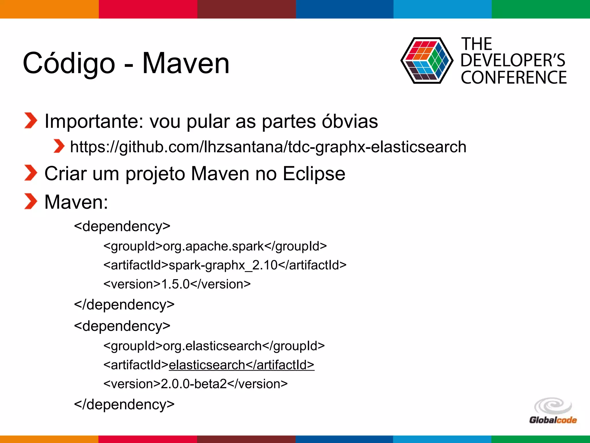 Globalcode – Open4education
Código - Maven
Importante: vou pular as partes óbvias
https://github.com/lhzsantana/tdc-graphx-elasticsearch
Criar um projeto Maven no Eclipse
Maven:
<dependency>
<groupId>org.apache.spark</groupId>
<artifactId>spark-graphx_2.10</artifactId>
<version>1.5.0</version>
</dependency>
<dependency>
<groupId>org.elasticsearch</groupId>
<artifactId>elasticsearch</artifactId>
<version>2.0.0-beta2</version>
</dependency>
 