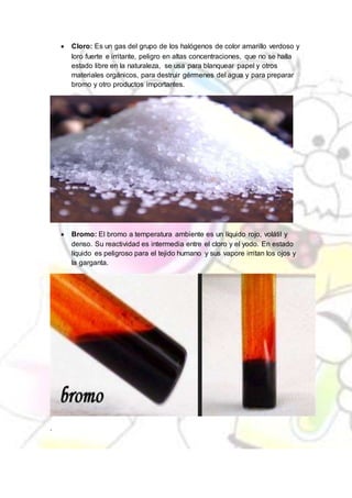 Cloro: Es un gas del grupo de los halógenos de color amarillo verdoso y
loro fuerte e irritante, peligro en altas concentraciones, que no se halla
estado libre en la naturaleza, se usa para blanquear papel y otros
materiales orgánicos, para destruir gérmenes del agua y para preparar
bromo y otro productos importantes.
 Bromo: El bromo a temperatura ambiente es un líquido rojo, volátil y
denso. Su reactividad es intermedia entre el cloro y el yodo. En estado
líquido es peligroso para el tejido humano y sus vapore irritan los ojos y
la garganta.
.
 