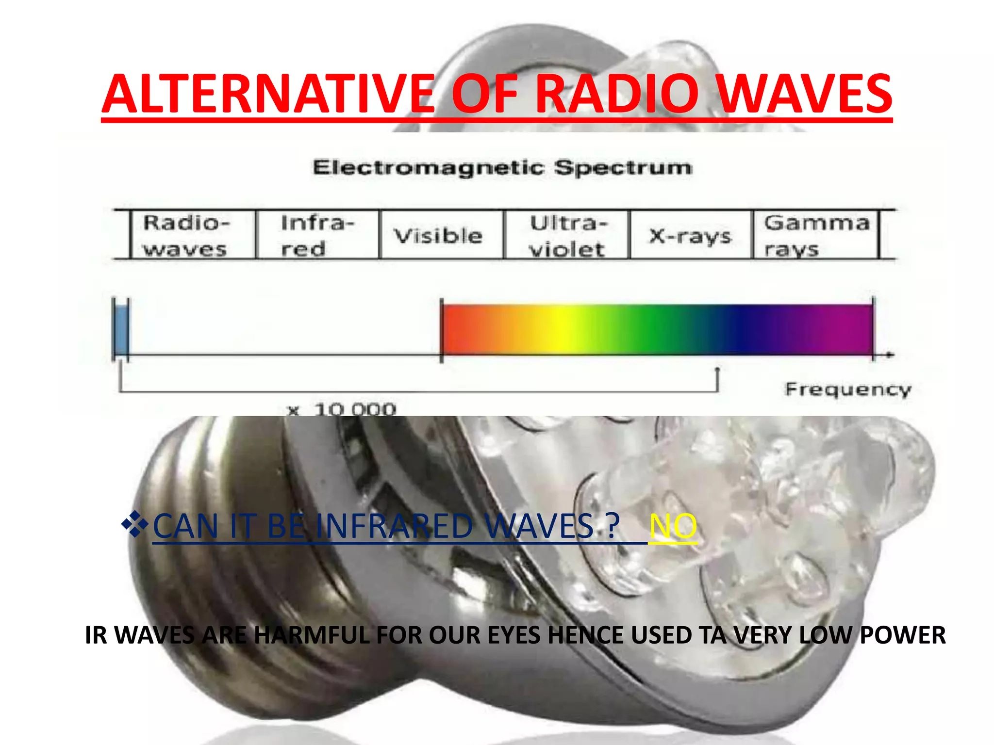 ALTERNATIVE OF RADIO WAVES

CAN IT BE INFRARED WAVES ? NO
IR WAVES ARE HARMFUL FOR OUR EYES HENCE USED TA VERY LOW POWER

 