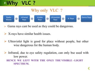 Why VLC ?
Why only VLC ?
Radio
Waves



Infrared
Rays

Visible
Rays

Ultraviolet
Rays

X- Rays

Gama Rays

Gama rays cant be used as they could be dangerous.

 X-rays have similar health issues.

 Ultraviolet light is good for place without people, but other
wise dangerous for the human body.
 Infrared, due to eye safety regulation, can only bse used with
low power.
HENCE WE LEFT WITH THE ONLY THE VISIBLE - LIGHT
SPECTRUM.

 