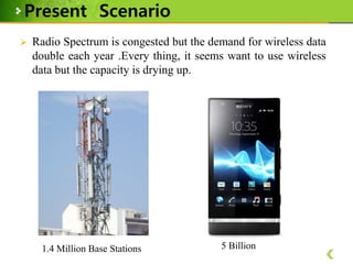 Present Scenario


Radio Spectrum is congested but the demand for wireless data
double each year .Every thing, it seems want to use wireless
data but the capacity is drying up.

1.4 Million Base Stations

5 Billion

 