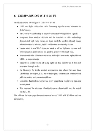 CSE-1(Y), 2nd
Yr,4th
Sem/Li-Fi/06.04.2018
13
6. COMPARISION WITH Wi-Fi
There are several advantages of Li-Fi over Wi-Fi:
 Li-Fi uses light rather than radio frequency signals so are intolerant to
disturbances.
 VLC could be used safely in aircraft without affecting airlines signals.
 Integrated into medical devices and in hospitals as this technology
doesn’t deal with radio waves, so it can easily be used in all such places
where Bluetooth, infrared, Wi-Fi and internet are broadly in use.
 Under water in sea Wi-Fi does not work at all but light can be used and
hence undersea explorations are good to go now with much ease.
 There are billions of bulbs worldwide which just need to be replaced with
LED’s to transmit data.
 Security is a side benefit of using light for data transfer as it does not
penetrate through walls.
 On highways for traffic control applications like where Cars can have
LED based headlights, LED based backlights, and they can communicate
with each other and prevent accidents.
 Using this Technology worldwide every street lamp would be a free data
access point.
 The issues of the shortage of radio frequency bandwidth may be sorted
out by Li-Fi.
The table on the next page shows the comparison of Li-Fi with Wi-Fi on various
parameters.
 