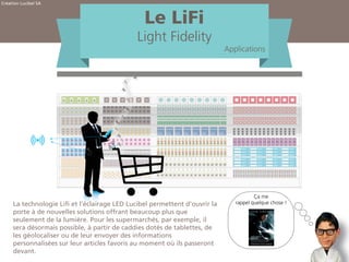 Le LiFi
Light Fidelity
Applications
La technologie Lifi et l’éclairage LED Lucibel permettent d’ouvrir la
porte à de nouvelles solutions offrant beaucoup plus que
seulement de la lumière. Pour les supermarchés, par exemple, il
sera désormais possible, à partir de caddies dotés de tablettes, de
les géolocaliser ou de leur envoyer des informations
personnalisées sur leur articles favoris au moment où ils passeront
devant.
Ça me
rappel quelque chose !
© Copyright 2014 Lucibel SA
© Copyright 2014 Lucibel SA
 