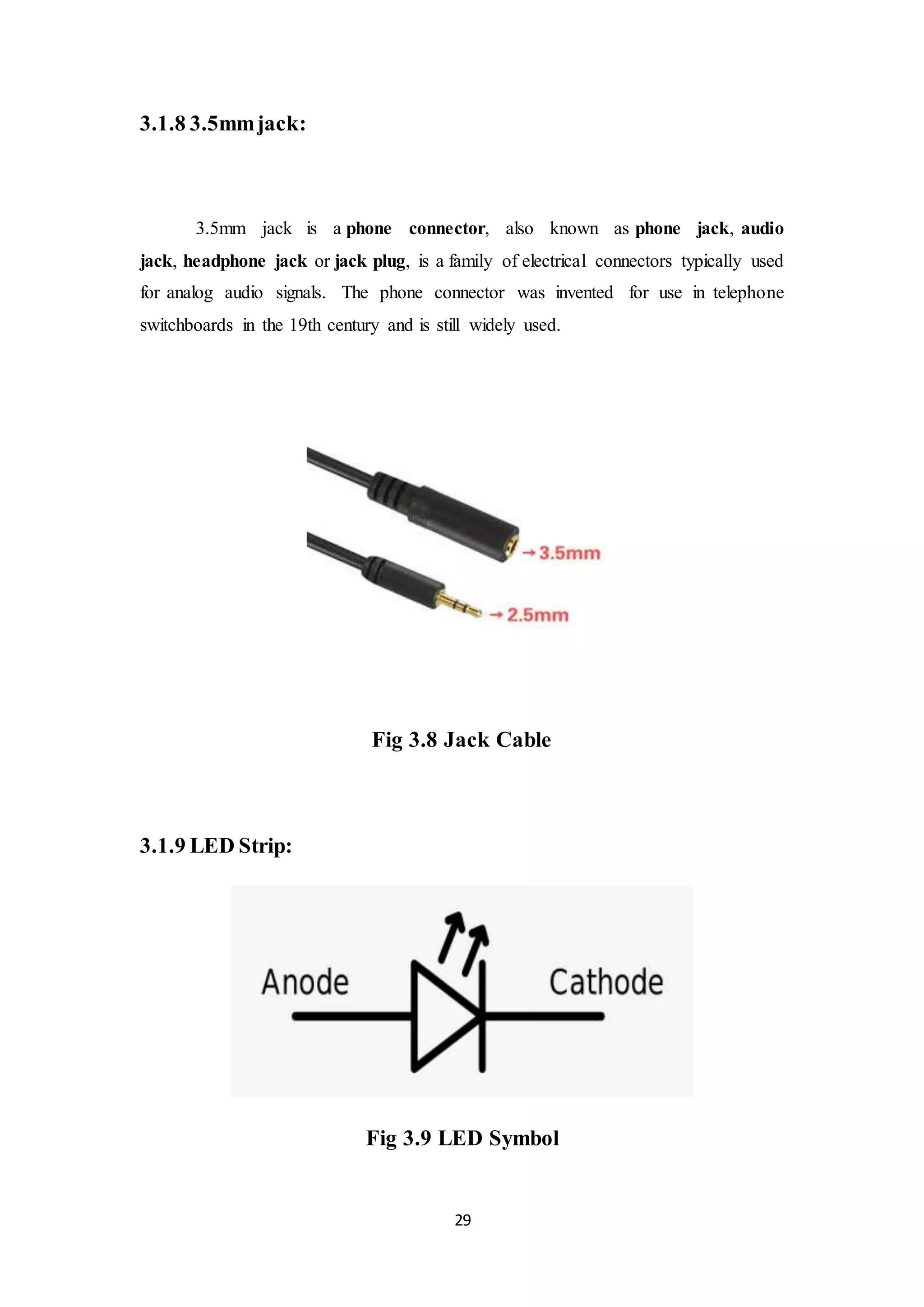 29
3.1.8 3.5mmjack:
3.5mm jack is a phone connector, also known as phone jack, audio
jack, headphone jack or jack plug, is a family of electrical connectors typically used
for analog audio signals. The phone connector was invented for use in telephone
switchboards in the 19th century and is still widely used.
Fig 3.8 Jack Cable
3.1.9 LED Strip:
Fig 3.9 LED Symbol
 