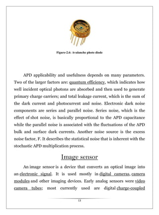13
Figure-2.6: Avalanche photo diode
APD applicability and usefulness depends on many parameters.
Two of the larger factors are: quantum efficiency, which indicates how
well incident optical photons are absorbed and then used to generate
primary charge carriers; and total leakage current, which is the sum of
the dark current and photocurrent and noise. Electronic dark noise
components are series and parallel noise. Series noise, which is the
effect of shot noise, is basically proportional to the APD capacitance
while the parallel noise is associated with the fluctuations of the APD
bulk and surface dark currents. Another noise source is the excess
noise factor, F. It describes the statistical noise that is inherent with the
stochastic APD multiplication process.
Image sensor
An image sensor is a device that converts an optical image into
an electronic signal. It is used mostly in digital cameras, camera
modules and other imaging devices. Early analog sensors were video
camera tubes; most currently used are digital charge-coupled
 