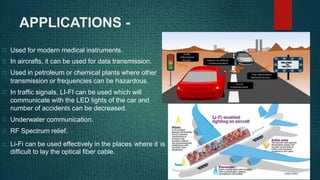 APPLICATIONS -
Used for modern medical instruments.
In aircrafts, it can be used for data transmission.
Used in petroleum or chemical plants where other
transmission or frequencies can be hazardous.
In traffic signals, LI-FI can be used which will
communicate with the LED lights of the car and
number of accidents can be decreased.
Underwater communication.
RF Spectrum relief.
Li-Fi can be used effectively in the places
difficult to lay the optical fiber cable.
where it is
 