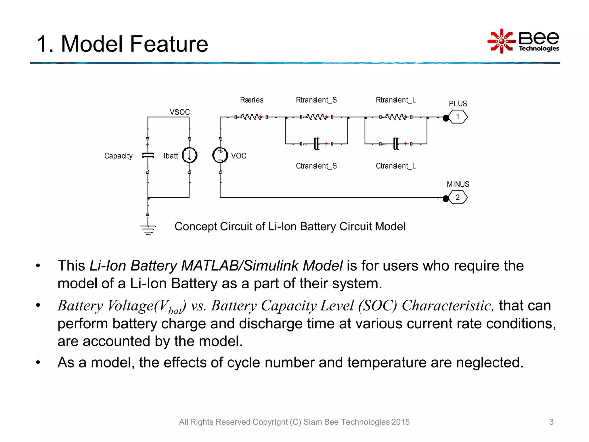 • This Li-Ion Battery MATLAB/Simulink Model is for users who require the
model of a Li-Ion Battery as a part of their system.
• Battery Voltage(Vbat) vs. Battery Capacity Level (SOC) Characteristic, that can
perform battery charge and discharge time at various current rate conditions,
are accounted by the model.
• As a model, the effects of cycle number and temperature are neglected.
VSOC
2
MINUS
1
PLUS
VOC
+-
Rtransient_S
+-
Rtransient_L
+-
Rseries
Ibatt
+-
Ctransient_S
+-
Ctransient_L
+-
Capacity
1. Model Feature
3
Concept Circuit of Li-Ion Battery Circuit Model
All Rights Reserved Copyright (C) Siam Bee Technologies 2015
 