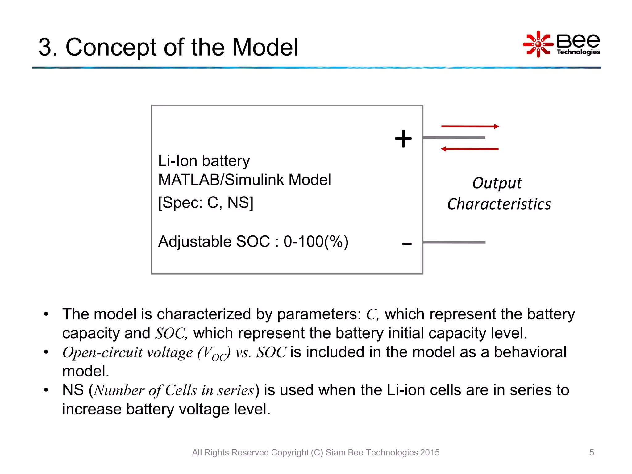 3. Concept of the Model
5
Li-Ion battery
MATLAB/Simulink Model
[Spec: C, NS]
Adjustable SOC : 0-100(%)
+
-
• The model is characterized by parameters: C, which represent the battery
capacity and SOC, which represent the battery initial capacity level.
• Open-circuit voltage (VOC) vs. SOC is included in the model as a behavioral
model.
• NS (Number of Cells in series) is used when the Li-ion cells are in series to
increase battery voltage level.
Output
Characteristics
All Rights Reserved Copyright (C) Siam Bee Technologies 2015
 