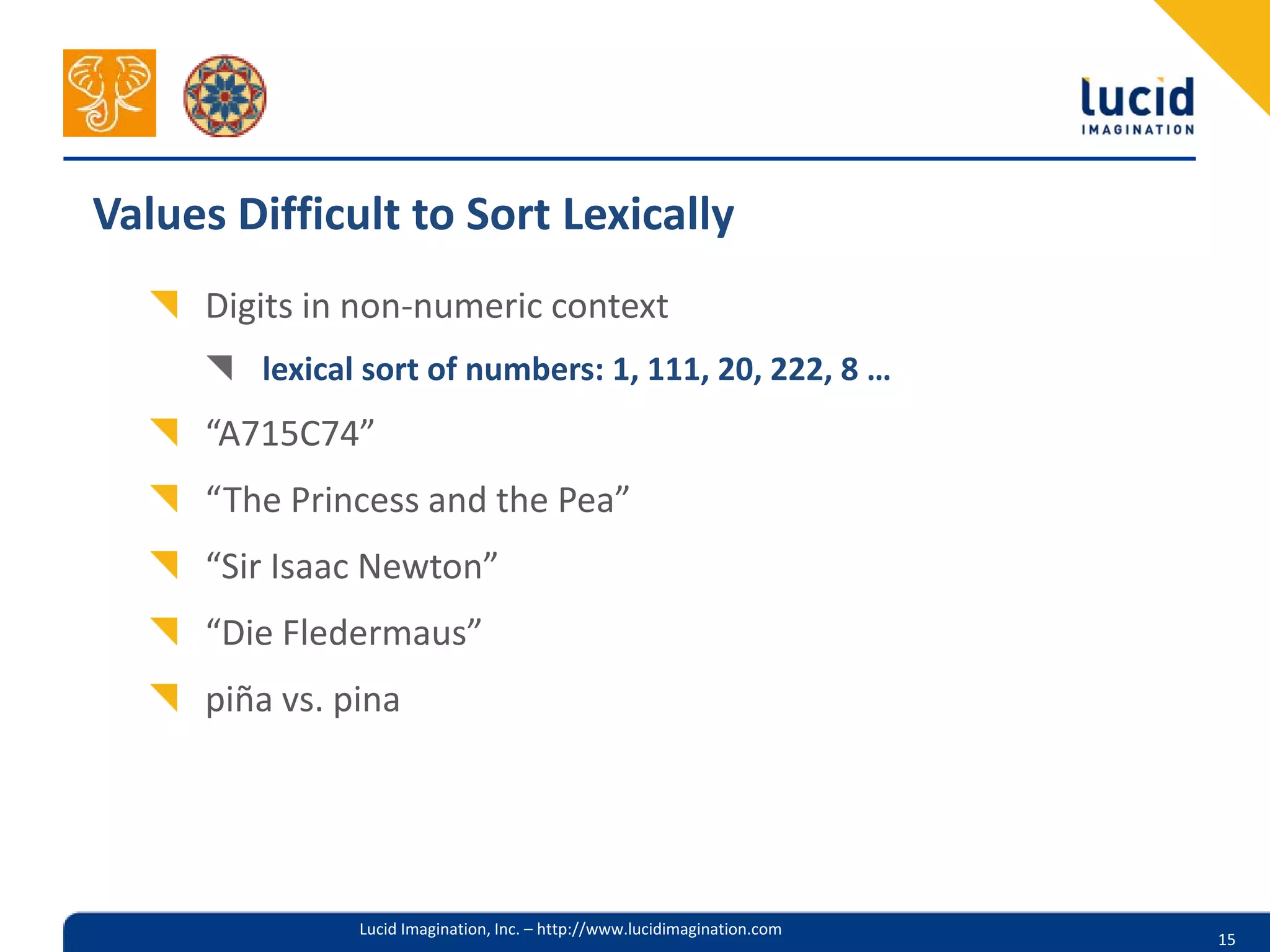 Values Difficult to Sort Lexically
     Digits in non-numeric context
        lexical sort of numbers: 1, 111, 20, 222, 8 …
     “A715C74”
     “The Princess and the Pea”
     “Sir Isaac Newton”
     “Die Fledermaus”
     piña vs. pina




               Lucid Imagination, Inc. – http://www.lucidimagination.com
                                                                           15
 