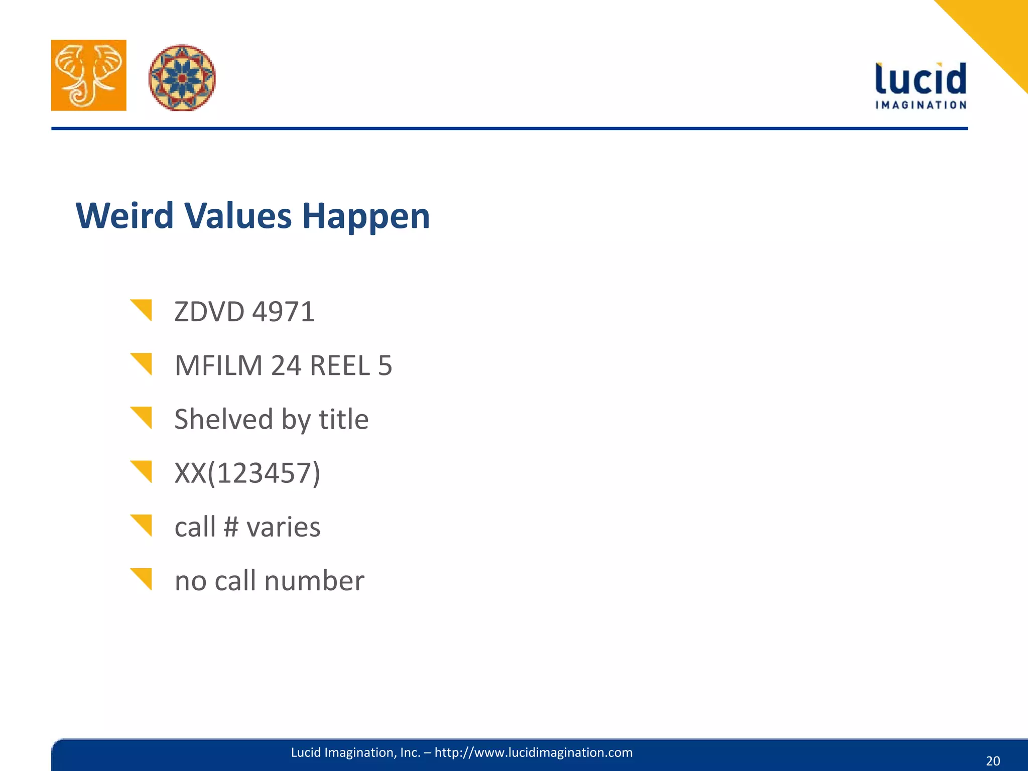 Weird Values Happen

     ZDVD 4971
     MFILM 24 REEL 5
     Shelved by title
     XX(123457)
     call # varies
     no call number




               Lucid Imagination, Inc. – http://www.lucidimagination.com
                                                                           20
 