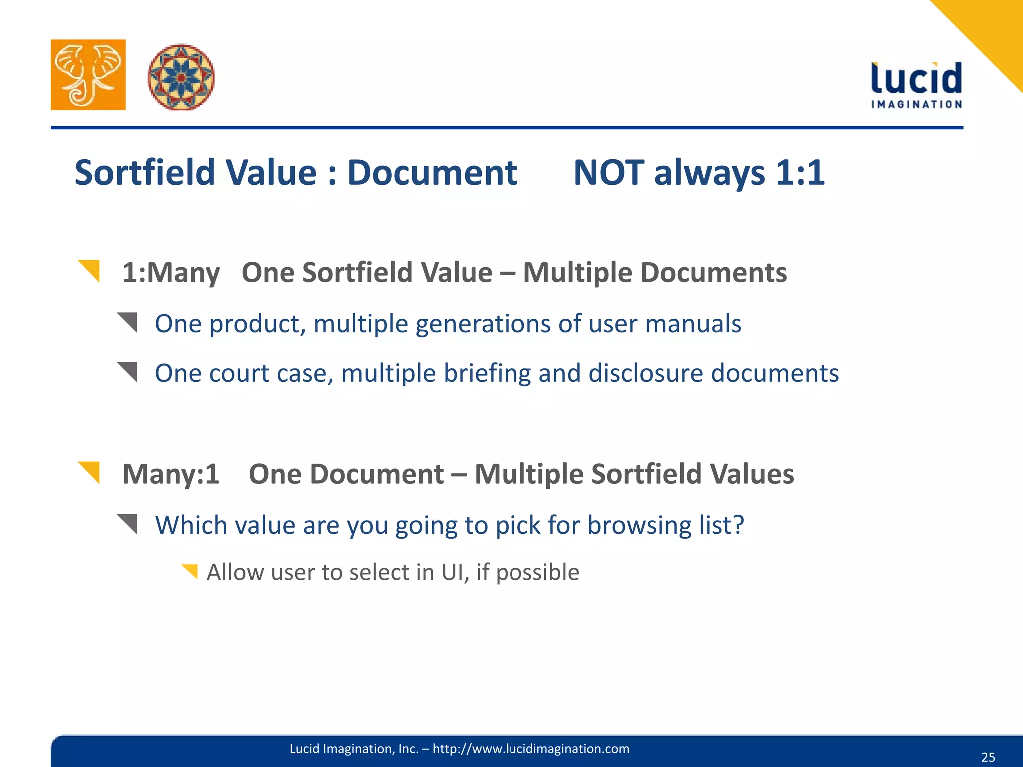 Sortfield Value : Document                                     NOT always 1:1

  1:Many One Sortfield Value – Multiple Documents
    One product, multiple generations of user manuals
    One court case, multiple briefing and disclosure documents


  Many:1 One Document – Multiple Sortfield Values
    Which value are you going to pick for browsing list?
        Allow user to select in UI, if possible




                Lucid Imagination, Inc. – http://www.lucidimagination.com
                                                                                25
 