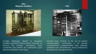 1816 
Máquina Analítica 
Charles Babbage diseñó la maquina 
analítica, primera computadora. Aunque no 
obtuvo los fondos necesarios para 
construirla fue fuente de inspiración para 
diseños realizados más tarde. 
1936 
Konrad Zuse, inventó la ZQ, fue la primer 
computadora construida y la primer 
computadora programable que pesaba 
alrededor de 30 toneladas. Aquí comienza la 
llamada primera generación. 
 