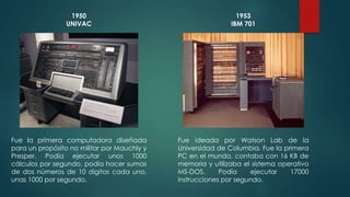 1950 
UNIVAC 
Fue la primera computadora diseñada 
para un propósito no militar por Mauchly y 
Presper. Podía ejecutar unos 1000 
cálculos por segundo, podía hacer sumas 
de dos números de 10 dígitos cada uno, 
unas 1000 por segundo. 
1953 
IBM 701 
Fue ideada por Watson Lab de la 
Universidad de Columbia. Fue la primera 
PC en el mundo, contaba con 16 KB de 
memoria y utilizaba el sistema operativo 
MS-DOS. Podía ejecutar 17000 
instrucciones por segundo. 
 