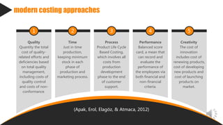 modern costing approaches
1
Quality
Quantity the total
cost of quality-
related efforts and
deficiencies based
on total quality
management,
including costs of
quality control
and costs of non-
conformance.
2
Time
Just in time
production,
keeping minimum
stock in each
phase of
production and
marketing process.
3
Process
Product Life Cycle
Based Costing,
which involves all
costs from
production
development
phase to the end
of customer
support.
4
Performance
Balanced score
card, a mean that
can record and
evaluate the
performance of
the employees via
both financial and
non-financial
criteria.
5
Creativity
The cost of
innovation
includes cost of
renewing products,
cost of developing
new products and
cost of launching
products on
market.
(Apak, Erol, Elagöz, & Atmaca, 2012)
 