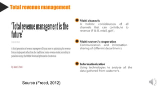 Total revenue management
Add
keywords
Informationization
Using technologies to analyze all the
data gathered from customers.
Multi-sectors’s cooperation
Communication and information
sharing of different departments
Multi channels
A holistic consideration of all
channels that can contribute to
revenue (F & B, retail, golf).
Source (Freed, 2012)
 