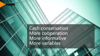 Cash conservation
More cooperation
More informative
More variables
Future
 