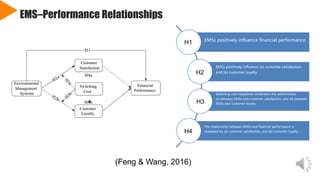 EMS–Performance Relationships
(Feng & Wang, 2016)
EMSs positively influence financial performance.
EMSs positively influence (a) customer satisfaction
and (b) customer loyalty
Switching cost negatively moderates the relationships
(a) between EMSs and customer satisfaction, and (b) between
EMSs and customer loyalty.
The relationship between EMSs and financial performance is
mediated by (a) customer satisfaction, and (b) customer loyalty.
H1
H2
H3
H4
4
 