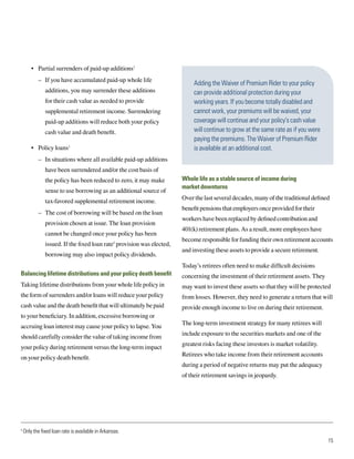 •	 Partial surrenders of paid-up additions3
           –– If you have accumulated paid-up whole life
                                                                             Adding the Waiver of Premium Rider to your policy
               additions, you may surrender these additions                  can provide additional protection during your
               for their cash value as needed to provide                     working years. If you become totally disabled and
               supplemental retirement income. Surrendering                  cannot work, your premiums will be waived, your
               paid-up additions will reduce both your policy                coverage will continue and your policy’s cash value
               cash value and death benefit.                                 will continue to grow at the same rate as if you were
                                                                             paying the premiums. The Waiver of Premium Rider
        •	 Policy loans3                                                     is available at an additional cost.
           –– In situations where all available paid-up additions
               have been surrendered and/or the cost basis of
               the policy has been reduced to zero, it may make         Whole life as a stable source of income during
                                                                        market downturns
               sense to use borrowing as an additional source of
                                                                        Over the last several decades, many of the traditional defined
               tax-favored supplemental retirement income.
                                                                        benefit pensions that employers once provided for their
           –– The cost of borrowing will be based on the loan
                                                                        workers have been replaced by defined contribution and
               provision chosen at issue. The loan provision
                                                                        401(k) retirement plans. As a result, more employees have
               cannot be changed once your policy has been
                                                                        become responsible for funding their own retirement accounts
               issued. If the fixed loan rate5 provision was elected,
                                                                        and investing these assets to provide a secure retirement.
               borrowing may also impact policy dividends.
                                                                        Today’s retirees often need to make difficult decisions
Balancing lifetime distributions and your policy death benefit          concerning the investment of their retirement assets. They
Taking lifetime distributions from your whole life policy in            may want to invest these assets so that they will be protected
the form of surrenders and/or loans will reduce your policy             from losses. However, they need to generate a return that will
cash value and the death benefit that will ultimately be paid           provide enough income to live on during their retirement.
to your beneficiary. In addition, excessive borrowing or
                                                                        The long-term investment strategy for many retirees will
accruing loan interest may cause your policy to lapse. You
                                                                        include exposure to the securities markets and one of the
should carefully consider the value of taking income from
                                                                        greatest risks facing these investors is market volatility.
your policy during retirement versus the long-term impact
                                                                        Retirees who take income from their retirement accounts
on your policy death benefit.
                                                                        during a period of negative returns may put the adequacy
                                                                        of their retirement savings in jeopardy.




5
    Only the fixed loan rate is available in Arkansas.
                                                                                                                                      15
 