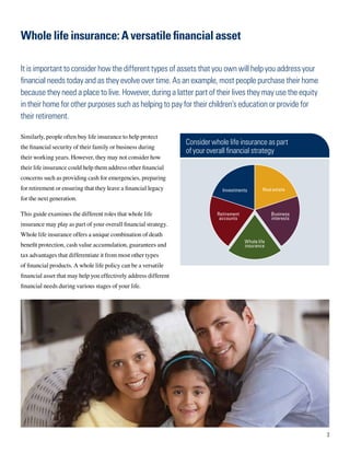 Whole life insurance: A versatile financial asset

It is important to consider how the different types of assets that you own will help you address your
financial needs today and as they evolve over time. As an example, most people purchase their home
because they need a place to live. However, during a latter part of their lives they may use the equity
in their home for other purposes such as helping to pay for their children’s education or provide for
their retirement.

Similarly, people often buy life insurance to help protect
                                                                  Consider whole life insurance as part
the financial security of their family or business during
                                                                  of your overall financial strategy
their working years. However, they may not consider how
their life insurance could help them address other financial
concerns such as providing cash for emergencies, preparing
for retirement or ensuring that they leave a financial legacy                  Investments        Real estate
for the next generation.

This guide examines the different roles that whole life                      Retirement                Business
                                                                              accounts                 interests
insurance may play as part of your overall financial strategy.
Whole life insurance offers a unique combination of death
                                                                                          Whole life
benefit protection, cash value accumulation, guarantees and                               insurance
tax advantages that differentiate it from most other types
of financial products. A whole life policy can be a versatile
financial asset that may help you effectively address different
financial needs during various stages of your life.




                                                                                                                   3
 