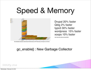 Speed & Memory
                                                                                                                        Drupal 20% faster
                                                                                                                        Qdig 2% faster
                                                                                                                        typo3 30% faster
                                                                                                                        wordpress 15% faster
                                                                                                                        xoops 10% faster
                                                                                                                        http://news.php.net/php.internals/36484




                         http://sebastian-bergmann.de/archives/745-Benchmark-of-PHP-Branches-3.0-through-5.3-CVS.html




                               gc_enable() : New Garbage Collector




Wednesday, February 24, 2010
 