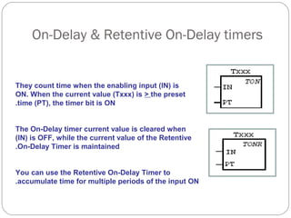 On-Delay & Retentive On-Delay timers

They count time when the enabling input (IN) is
ON. When the current value (Txxx) is > the preset
.time (PT), the timer bit is ON
The On-Delay timer current value is cleared when
(IN) is OFF, while the current value of the Retentive
.On-Delay Timer is maintained
You can use the Retentive On-Delay Timer to
.accumulate time for multiple periods of the input ON

 