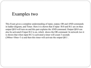 Examples two
This Exam gives a complete understanding of input, output, OR and AND commands
in ladder diagram, and Timer. Here it is shown that if input I0.0 and I0.1 are on then
output Q0.0 will turn on and this part explains the AND command. Output Q0.0 can
also be activated if input I0.2 is on, which shows the OR command. In network two it
is shown that when input I0.3 is activated a timer will count 3 seconds
(300ms×10ms=3 s) and then this timer will activate the output Q0.1 .

 