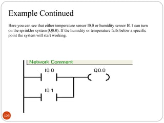 Example Continued
Here you can see that either temperature sensor I0.0 or humidity sensor I0.1 can turn
on the sprinkler system (Q0.0). If the humidity or temperature falls below a specific
point the system will start working.

106

 