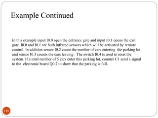 Example Continued
In this example input I0.0 open the entrance gate and input I0.1 opens the exit
gate. I0.0 and I0.1 are both infrared sensors which will be activated by remote
control. In addition sensor I0.2 count the number of cars entering the parking lot
and sensor I0.3 counts the cars leaving . The switch I0.4 is used to reset the
system. If a total number of 5 cars enter this parking lot, counter C1 send a signal
to the electronic board Q0.2 to show that the parking is full.

115

 