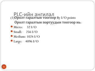 PLC-ийн ангилал By I/O points
(1)Оролт гаралтын тоогоор
Оролт гаралтын портуудын тоогоор нь:
Micro: 32 I/O
Small: 256 I/O
Medium: 1024 I/O
Large: 4096 I/O

32

 