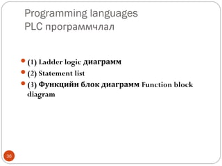 Programming languages
PLC программчлал
(1) Ladder logic диаграмм
(2) Statement list
(3) Функцийн блок диаграмм Function block

diagram

36

 