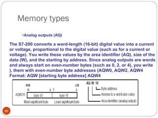 Memory types
•Analog outputs (AQ)

The S7-200 converts a word-length (16-bit) digital value into a current
or voltage, proportional to the digital value (such as for a current or
voltage). You write these values by the area identifier (AQ), size of the
data (W), and the starting by address. Since analog outputs are words
and always start on even-number bytes (such as 0, 2, or 4), you write
), them with even-number byte addresses (AQW0, AQW2, AQW4
Format: AQW [starting byte address] AQW4

85

 
