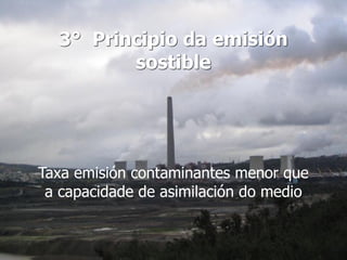 3° Principio da emisión
sostible
Taxa emisión contaminantes menor que
a capacidade de asimilación do medio
 