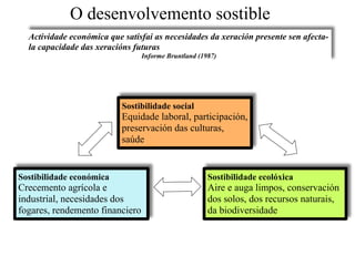 O desenvolvemento sostible
Sostibilidade económica
Crecemento agrícola e
industrial, necesidades dos
fogares, rendemento financiero
Sostibilidade ecolóxica
Aire e auga limpos, conservación
dos solos, dos recursos naturais,
da biodiversidade
Sostibilidade social
Equidade laboral, participación,
preservación das culturas,
saúde
Actividade económica que satisfai as necesidades da xeración presente sen afecta-
la capacidade das xeracións futuras
Informe Bruntland (1987)
 
