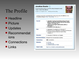 The Profile
   Headline
   Picture
   Updates
   Recommendat
    ions
   Connections
   Links
 